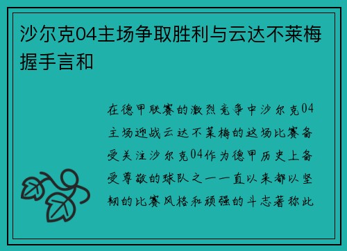 沙尔克04主场争取胜利与云达不莱梅握手言和