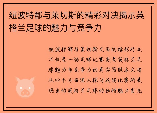 纽波特郡与莱切斯的精彩对决揭示英格兰足球的魅力与竞争力